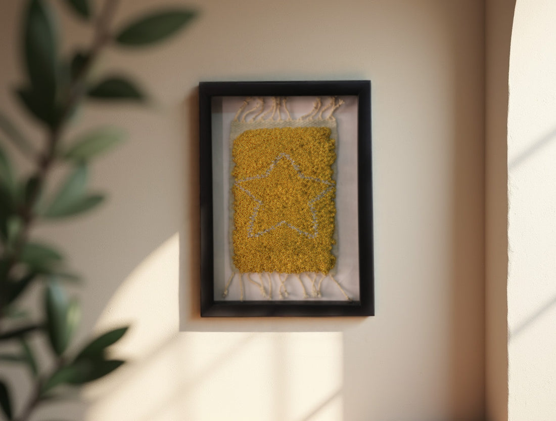 moroccan rug, yellow wool wall art, starburst rug, hand-knotted wool rug, boho framed tapestry, celestial decor, handmade rug wall hanging, knot by knot moroccan rug, modern moroccan textile, framed starburst wall piece, small rug tapestry, 25x31 cm
