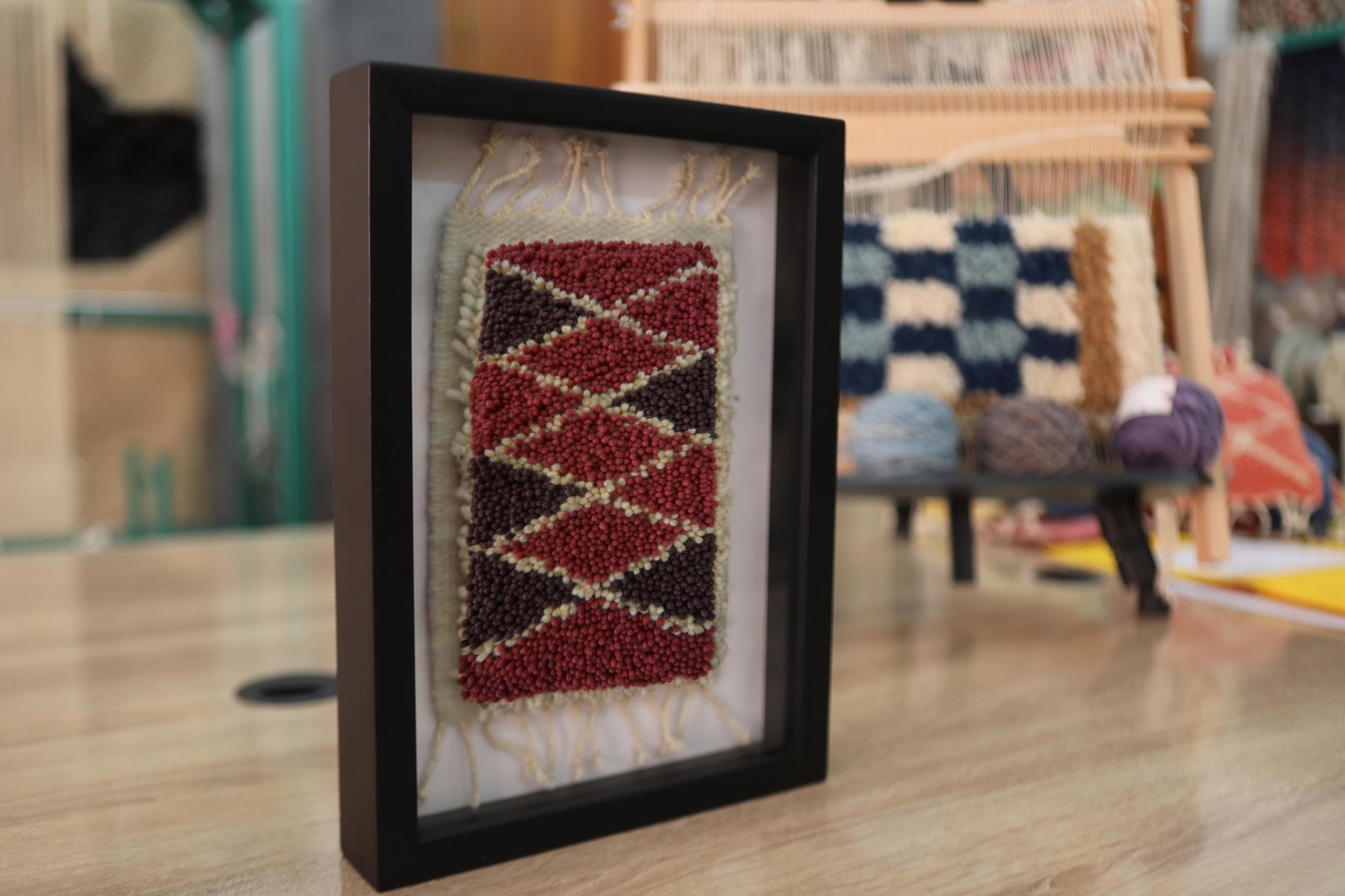 moroccan rug, zigzag diamond rug, framed textile art, red and brown mini rug, handmade wool rug, moroccan wall hanging, berber rug design, artisanal rug, knot by knot weaving, small moroccan decor
