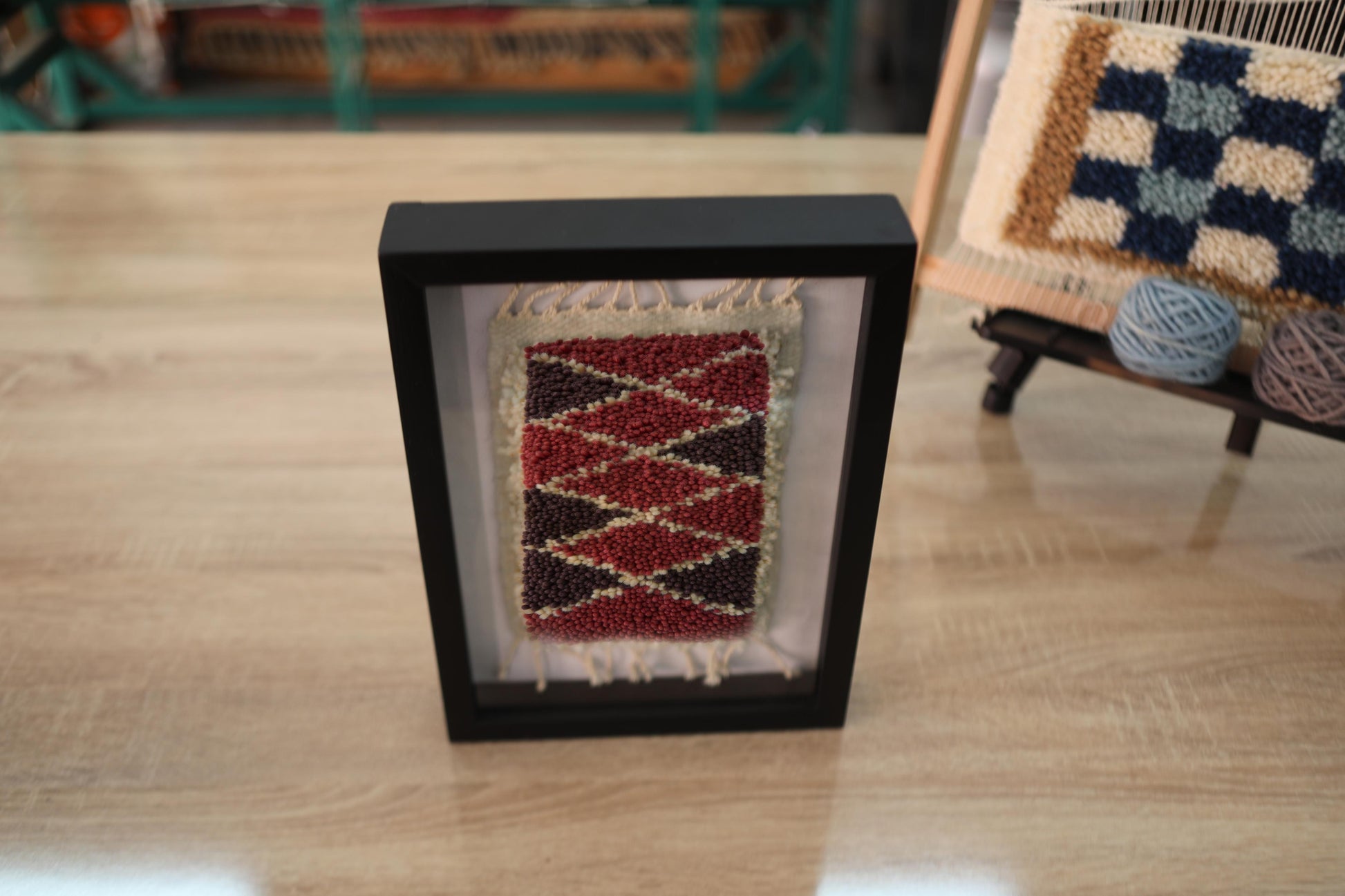 moroccan rug, zigzag diamond rug, framed textile art, red and brown mini rug, handmade wool rug, moroccan wall hanging, berber rug design, artisanal rug, knot by knot weaving, small moroccan decor

