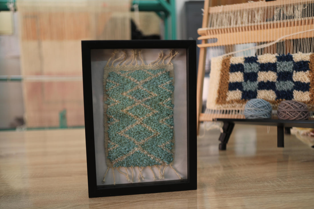 moroccan rug, zigzag tribal rug, hand-knotted wall art, framed textile art, wool mini rug, artisan moroccan decor, bohemian wall hanging, knot by knot rug, 25x31 cm, handmade moroccan rug

