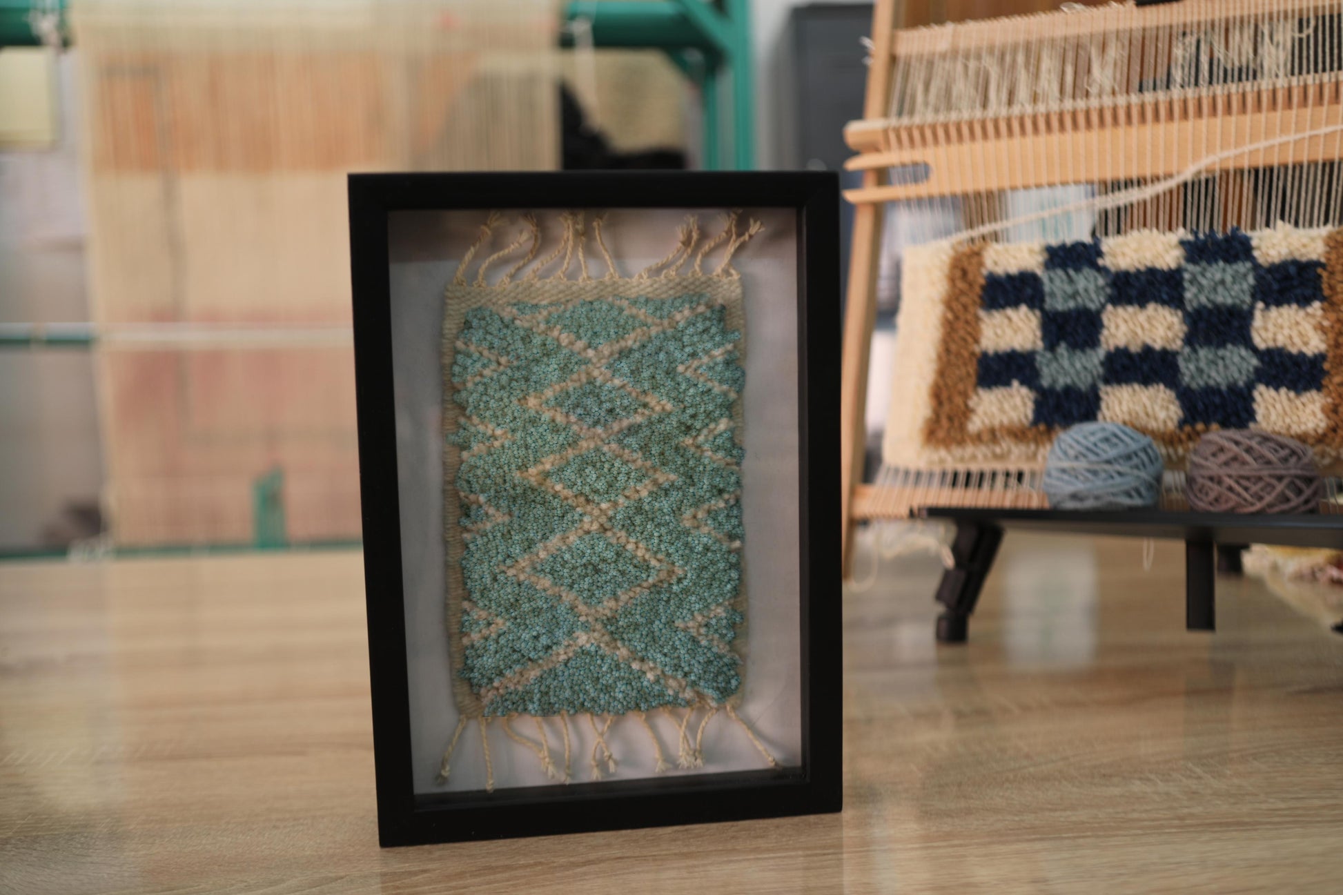 moroccan rug, zigzag tribal rug, hand-knotted wall art, framed textile art, wool mini rug, artisan moroccan decor, bohemian wall hanging, knot by knot rug, 25x31 cm, handmade moroccan rug
