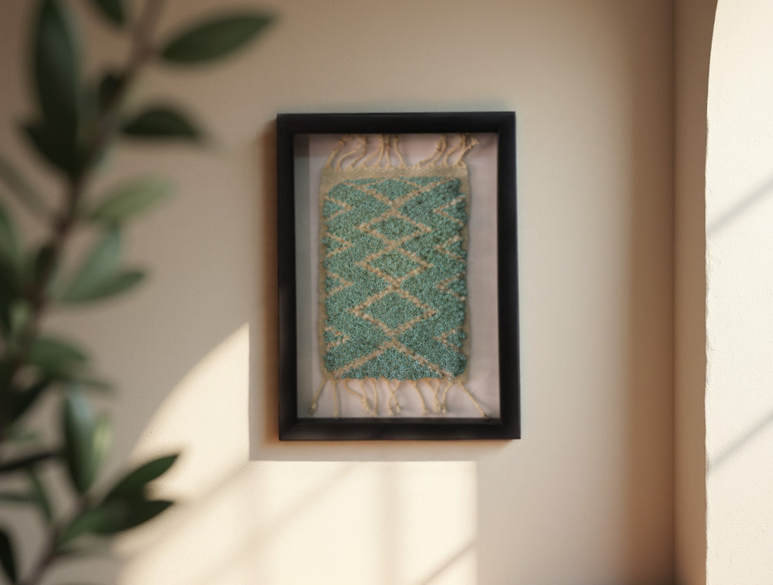 moroccan rug, zigzag tribal rug, hand-knotted wall art, framed textile art, wool mini rug, artisan moroccan decor, bohemian wall hanging, knot by knot rug, 25x31 cm, handmade moroccan rug
