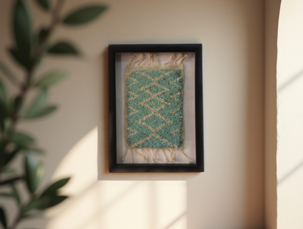 moroccan rug, zigzag tribal rug, hand-knotted wall art, framed textile art, wool mini rug, artisan moroccan decor, bohemian wall hanging, knot by knot rug, 25x31 cm, handmade moroccan rug
