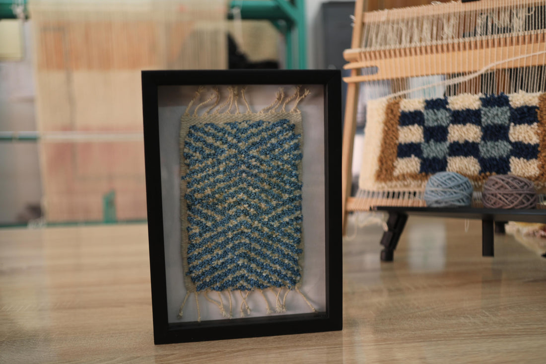 moroccan rug, zigzag wall art, hand-knotted wool rug, blue chevron design, mini moroccan textile, framed moroccan rug, knot by knot weaving, 25x31 cm rug decor, artisan wall hanging
