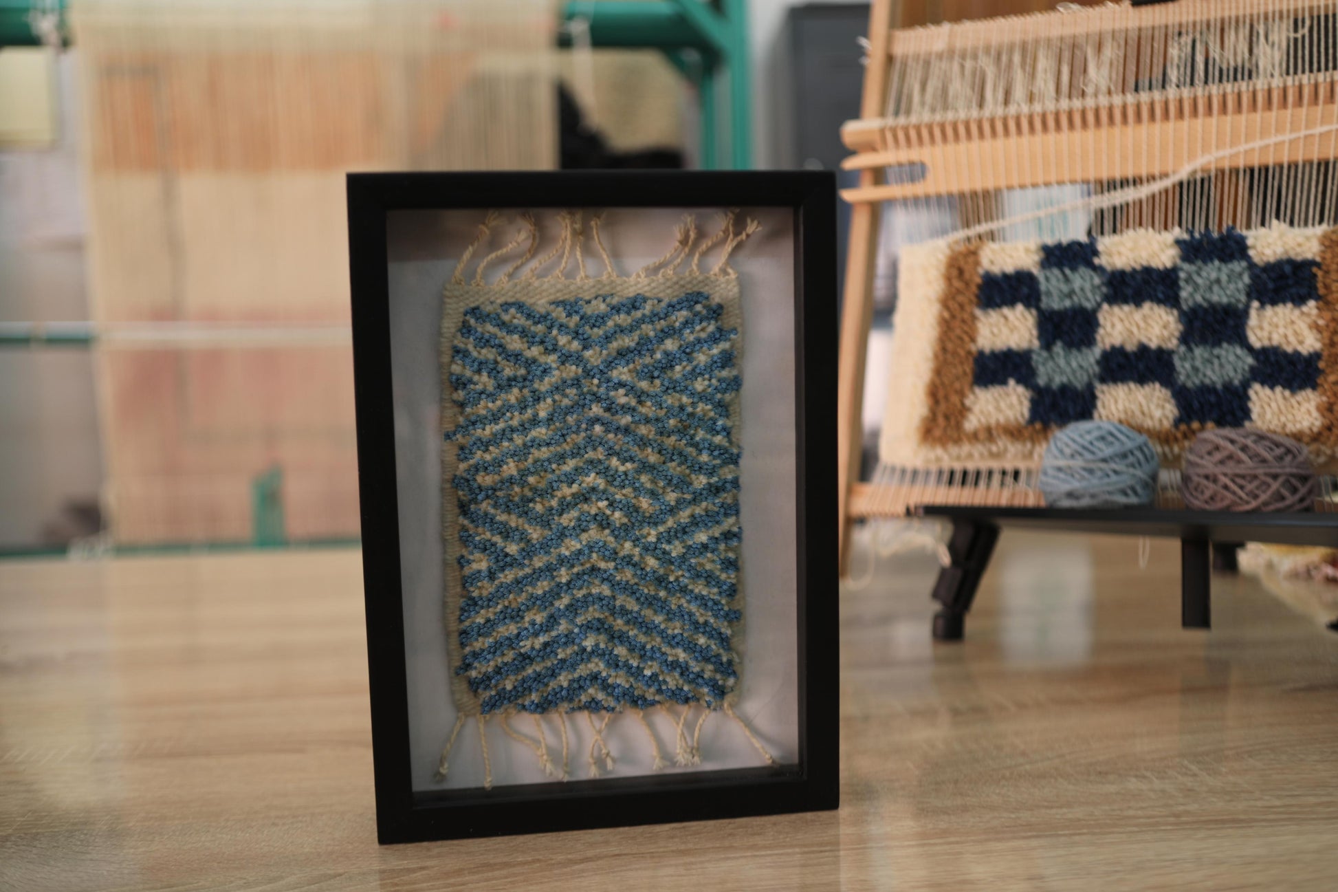 moroccan rug, zigzag wall art, hand-knotted wool rug, blue chevron design, mini moroccan textile, framed moroccan rug, knot by knot weaving, 25x31 cm rug decor, artisan wall hanging
