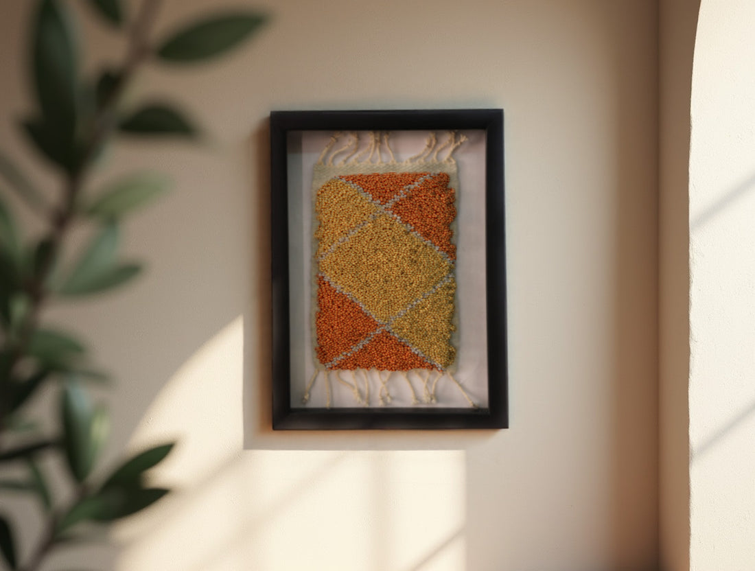 moroccan rug diamond pattern, geometric wool wall art, hand knotted mini rug, framed moroccan textile, orange and yellow moroccan art, boho rug wall hanging, artisan moroccan wool tapestry, knot by knot moroccan rug, earthy home decor, 25x31 cm framed rug
