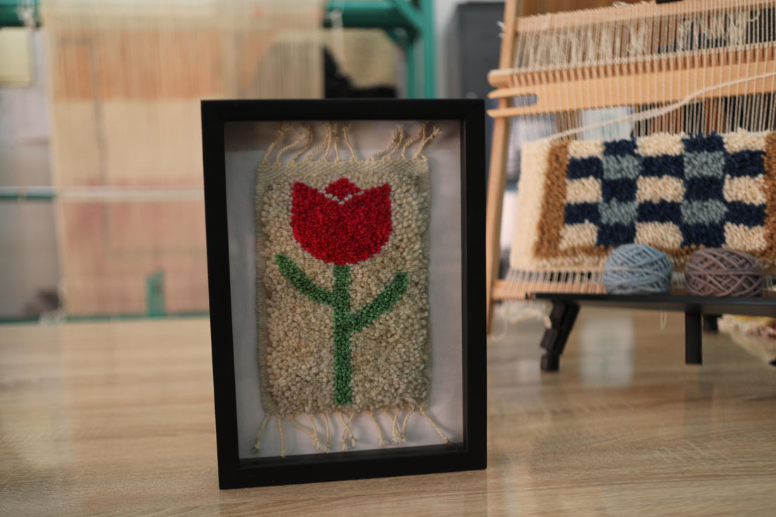 moroccan rug tulip, red tulip wall art, hand-knotted wool tapestry, boho floral decor, mini wool rug, 25x31 cm framed rug, knot by knot rug, botanical textile art, handmade moroccan wall piece, tulip mini rug
