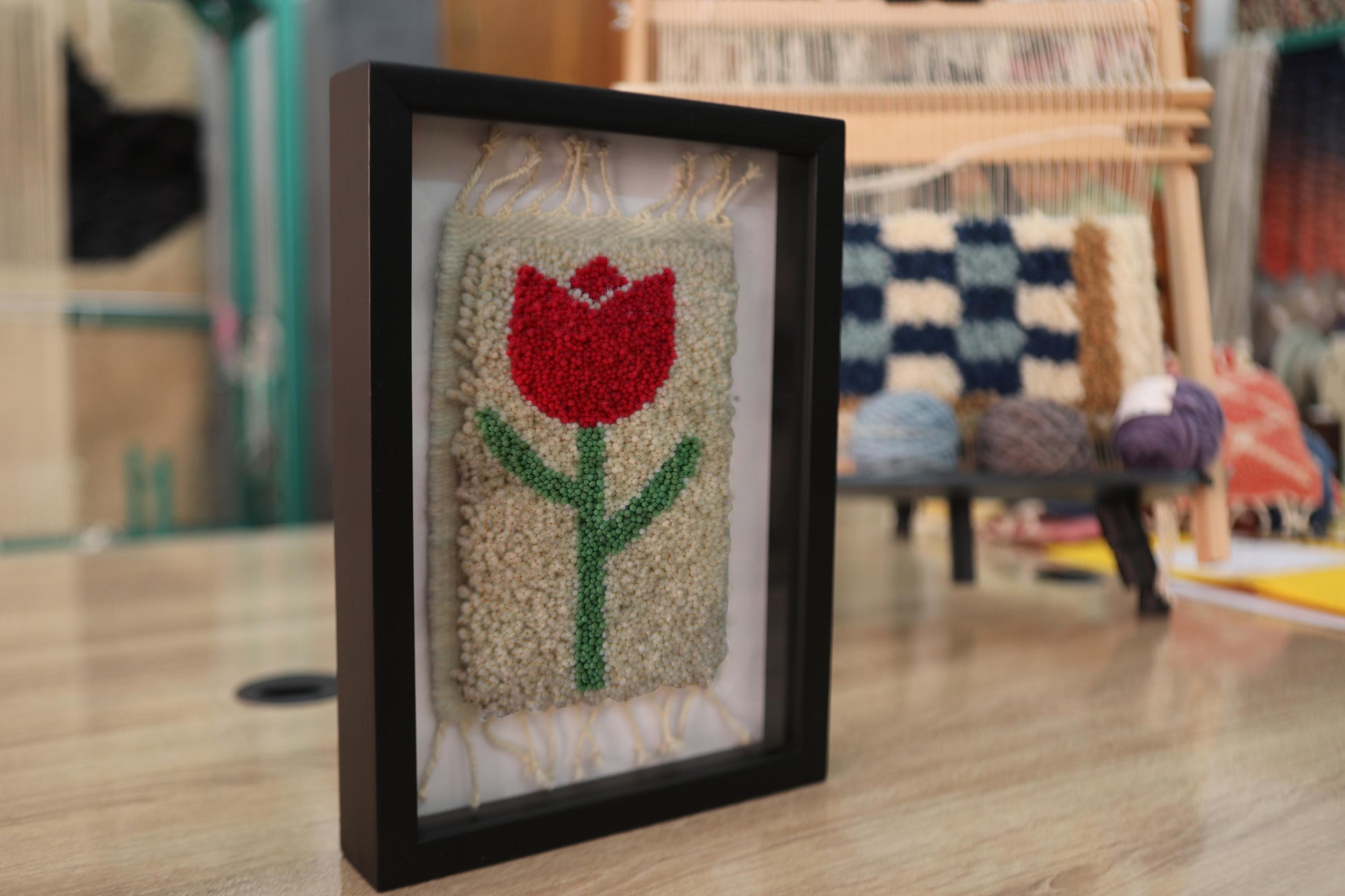 moroccan rug tulip, red tulip wall art, hand-knotted wool tapestry, boho floral decor, mini wool rug, 25x31 cm framed rug, knot by knot rug, botanical textile art, handmade moroccan wall piece, tulip mini rug
