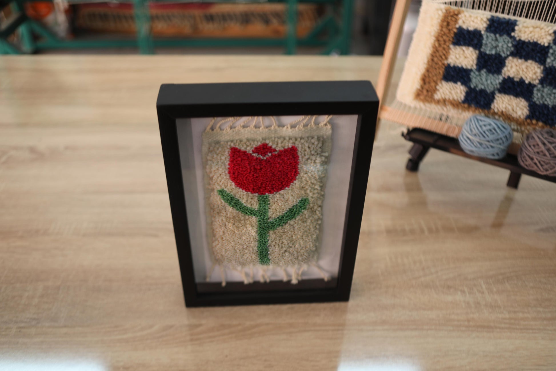 moroccan rug tulip, red tulip wall art, hand-knotted wool tapestry, boho floral decor, mini wool rug, 25x31 cm framed rug, knot by knot rug, botanical textile art, handmade moroccan wall piece, tulip mini rug
