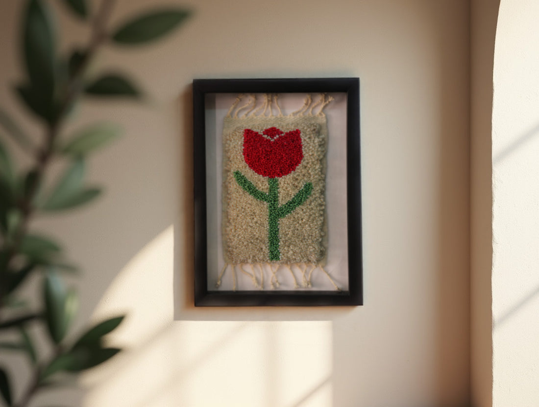 moroccan rug tulip, red tulip wall art, hand-knotted wool tapestry, boho floral decor, mini wool rug, 25x31 cm framed rug, knot by knot rug, botanical textile art, handmade moroccan wall piece, tulip mini rug
