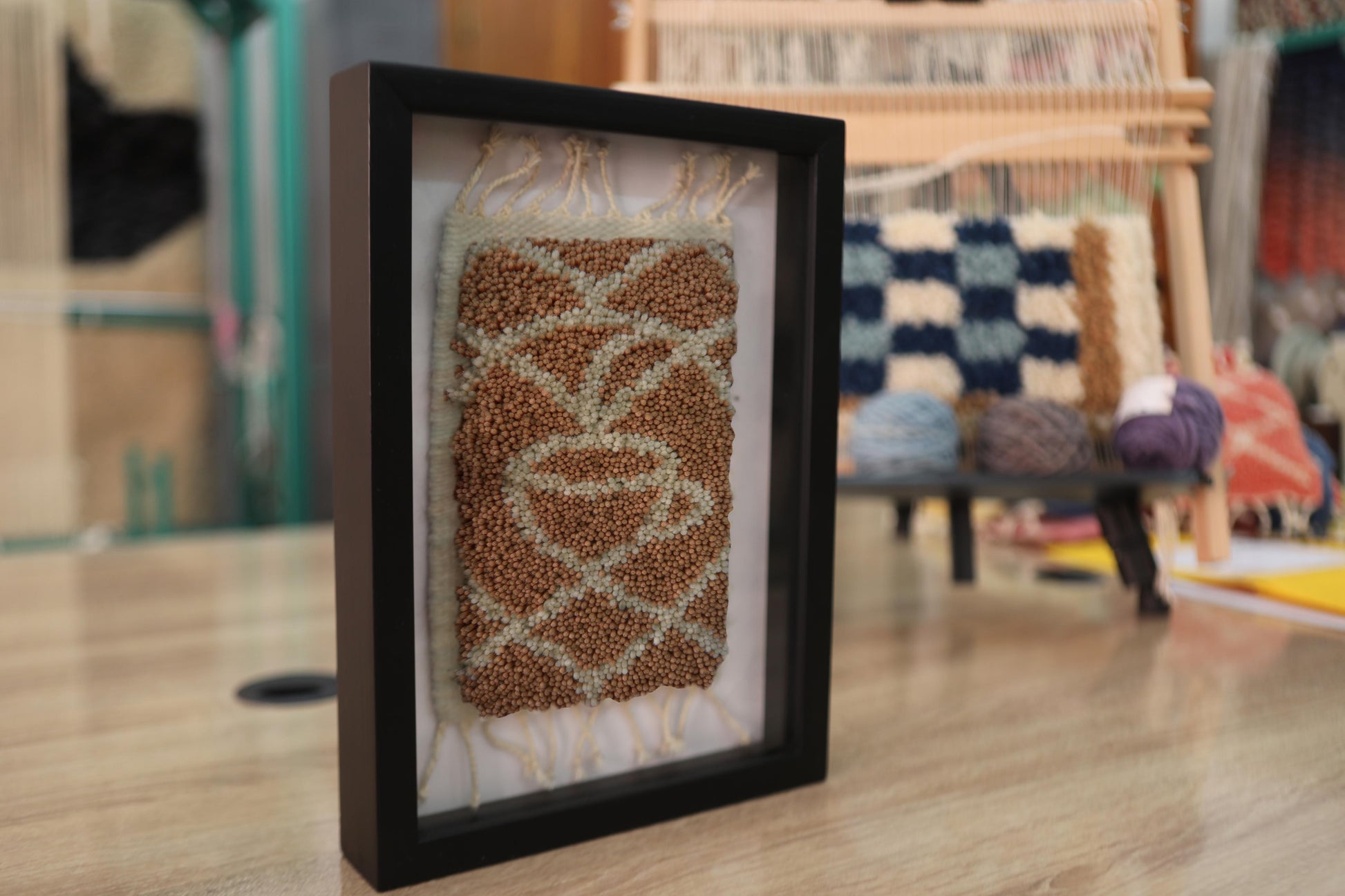 moroccan rug wall art, abstract face wall decor, hand knotted wool art, framed moroccan textile, artisan knot by knot rug, boho face art, wool abstract design, modern moroccan rug, 25x31 cm
