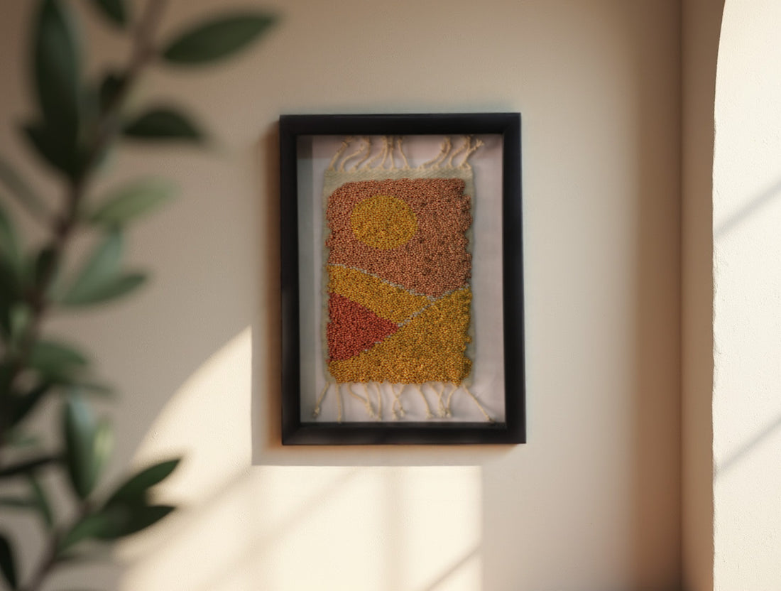 moroccan rug wall art, abstract sunset rug, hand knotted textile art, boho framed moroccan rug, orange yellow wall decor, knot by knot mini rug, artisan wool wall art, geometric moroccan design, framed wool tapestry, 25x31 cm handmade moroccan rug
