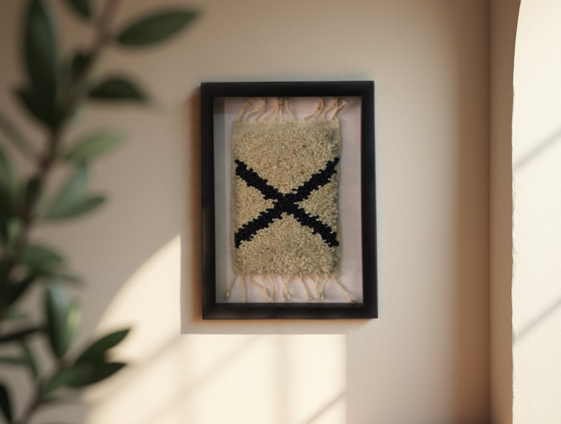 moroccan rug wall art, angled x rug, boho framed textile art, hand-knotted wall hanging, knot by knot moroccan rug, tribal wall decor, wool wall tapestry, small framed rug, bohemian decor piece, artisan rug wall art
