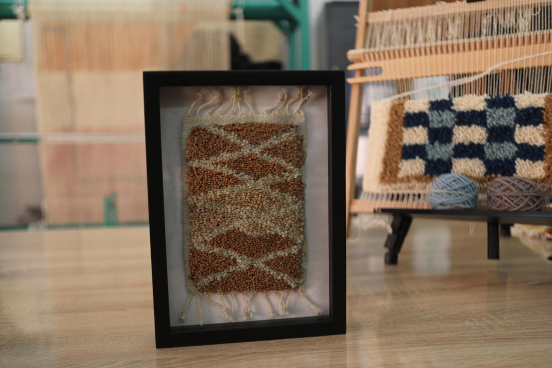 Framed Moroccan Rug Wall Art – Hand-Knotted Diamond Pattern Textile (25x31 cm)