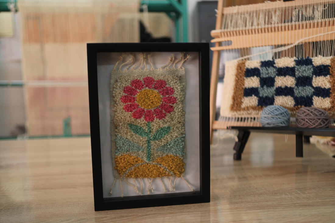 moroccan rug wall art, flower wall hanging, hand-knotted wool art, boho wall decor, pink flower wool rug, framed textile art, botanical rug art, mini moroccan tapestry, wool wall rug, 25x31 cm framed rug
