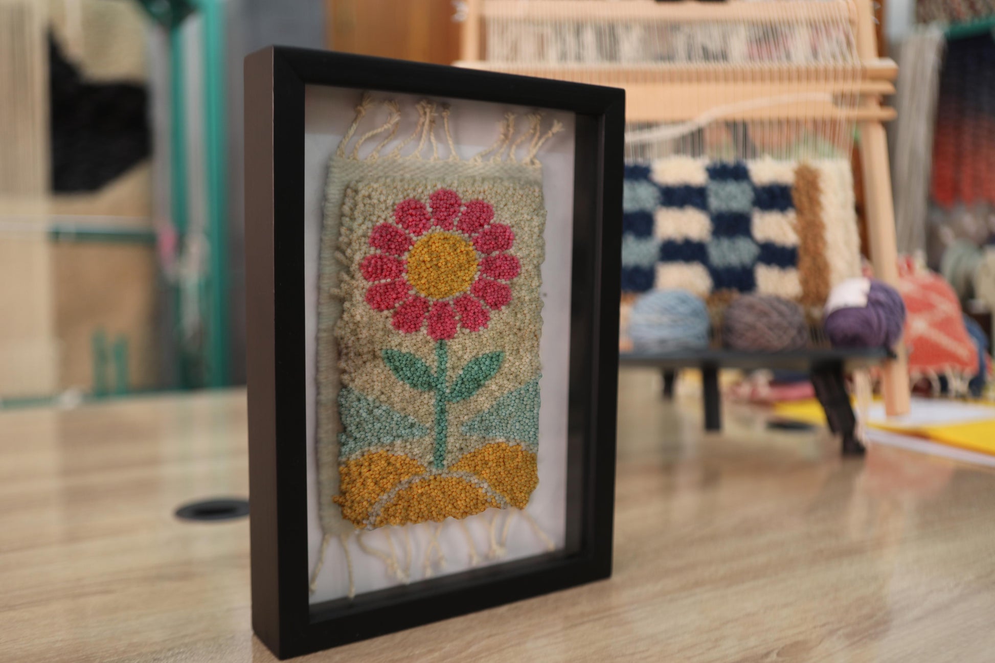 moroccan rug wall art, flower wall hanging, hand-knotted wool art, boho wall decor, pink flower wool rug, framed textile art, botanical rug art, mini moroccan tapestry, wool wall rug, 25x31 cm framed rug
