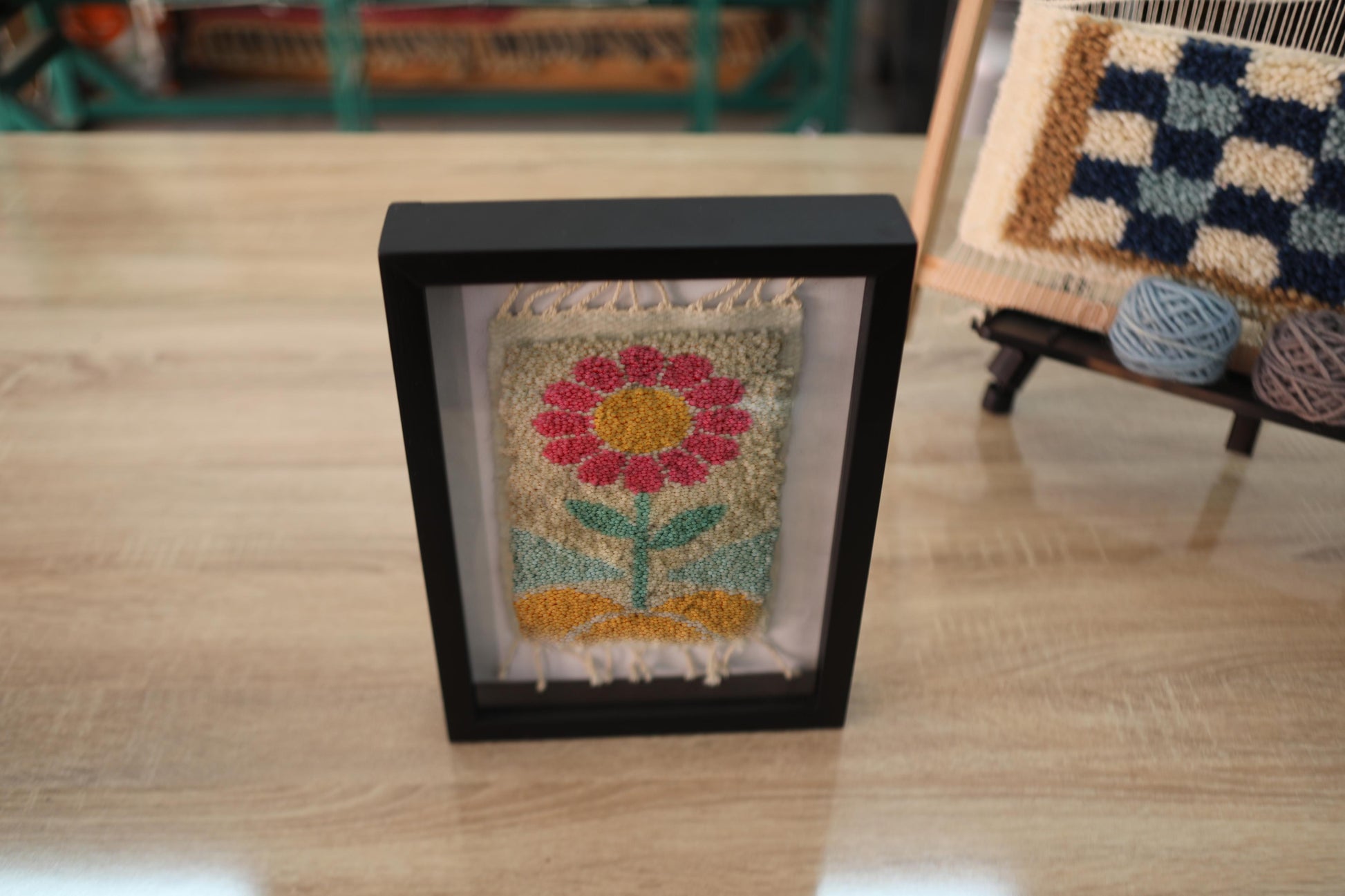 moroccan rug wall art, flower wall hanging, hand-knotted wool art, boho wall decor, pink flower wool rug, framed textile art, botanical rug art, mini moroccan tapestry, wool wall rug, 25x31 cm framed rug
