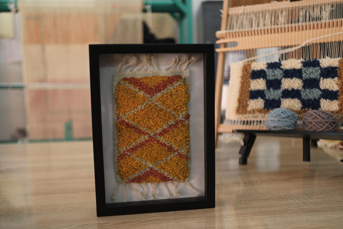 moroccan rug wall art, framed golden rug, diamond pattern tapestry, bohemian home wall decor, hand knotted wool rug, yellow moroccan textile, mini wall hanging rug, artisanal framed moroccan rug, knot by knot moroccan art, 25x31 cm wall tapestry
