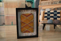 moroccan rug wall art, framed golden rug, diamond pattern tapestry, bohemian home wall decor, hand knotted wool rug, yellow moroccan textile, mini wall hanging rug, artisanal framed moroccan rug, knot by knot moroccan art, 25x31 cm wall tapestry
