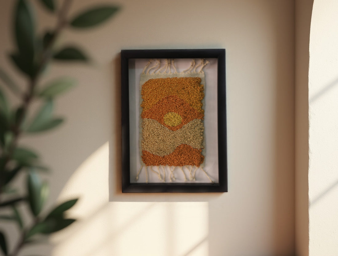 moroccan rug wall art, golden hour rug, abstract moroccan textile art, framed wool wall hanging, boho home decor, hand knotted rug artwork, knot by knot mini moroccan rug, warm toned wall art, 25x31 cm framed tapestry, artisan moroccan wool decor
