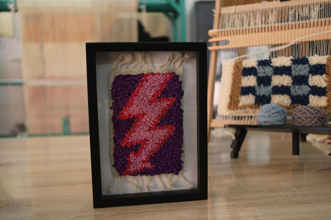 Gradient Lightning Bolt Moroccan Rug Art – Hand-Knotted Framed Wall Decor (25x31 cm)