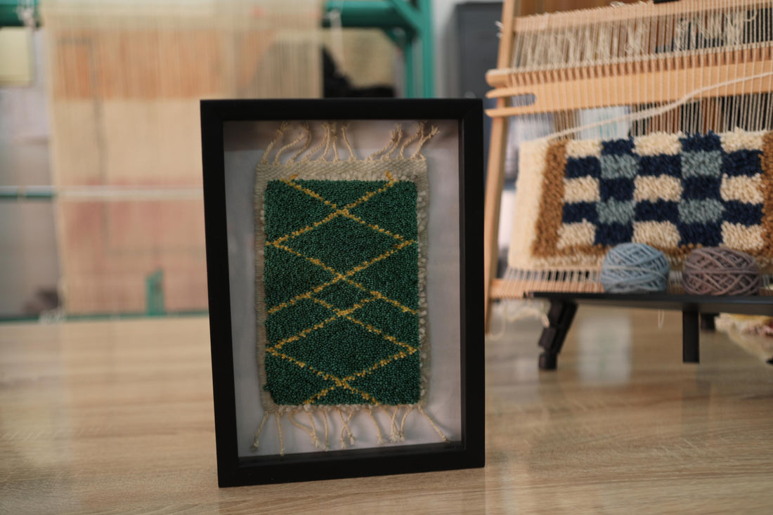 moroccan rug wall art, green mini rug, gold diamond rug, hand-knotted wall hanging, framed moroccan textile, artisanal wool rug, knot by knot rug, moroccan decor, 25x31 cm framed rug, boho woven wall piece
