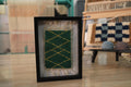 moroccan rug wall art, green mini rug, gold diamond rug, hand-knotted wall hanging, framed moroccan textile, artisanal wool rug, knot by knot rug, moroccan decor, 25x31 cm framed rug, boho woven wall piece
