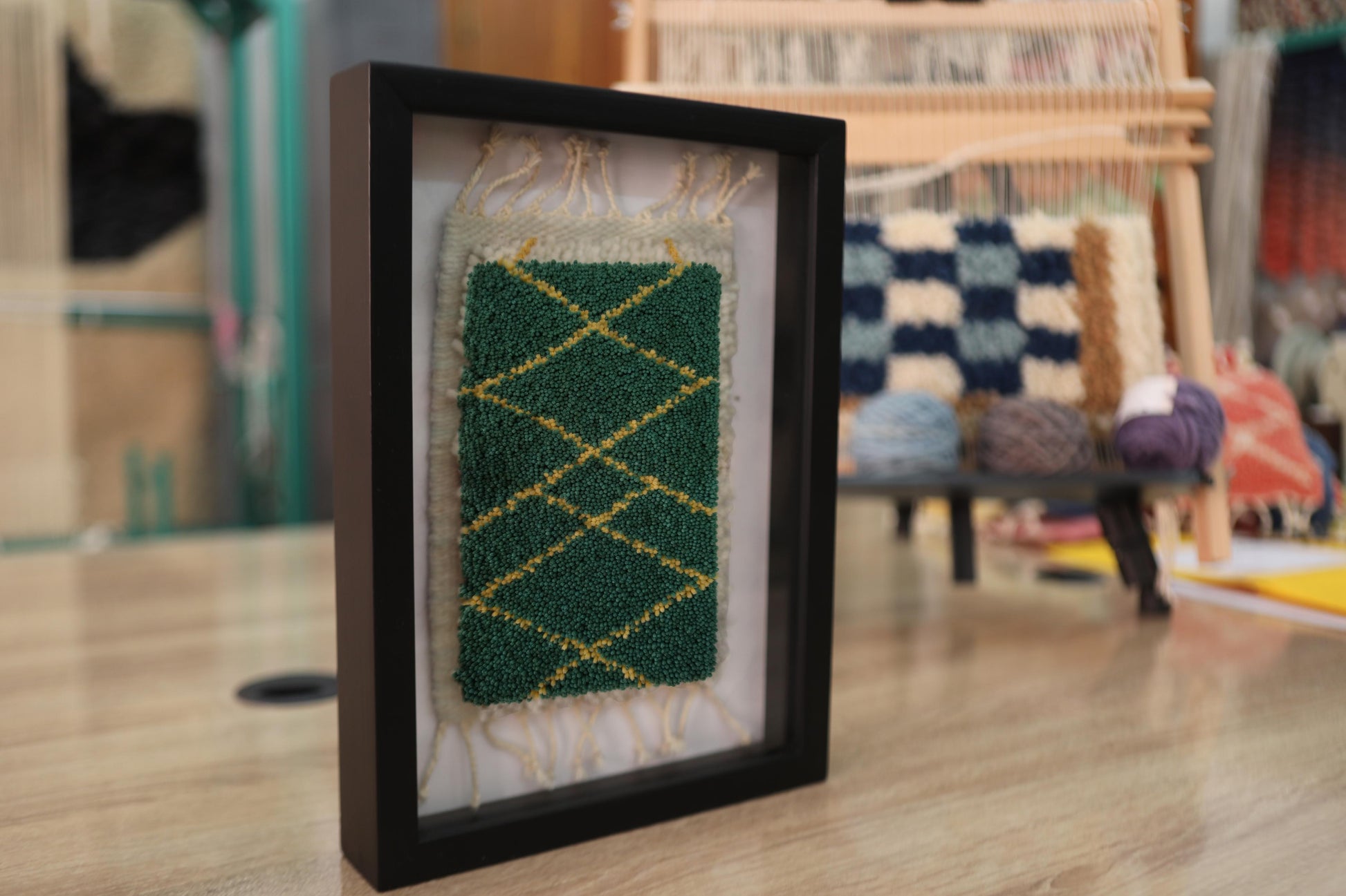 moroccan rug wall art, green mini rug, gold diamond rug, hand-knotted wall hanging, framed moroccan textile, artisanal wool rug, knot by knot rug, moroccan decor, 25x31 cm framed rug, boho woven wall piece

