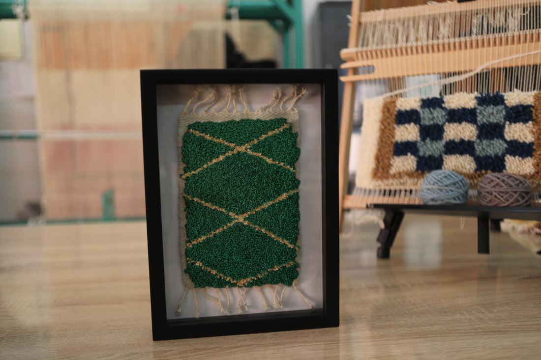 mini moroccan rug, wall art, hand-knotted green rug, trellis pattern, wool art, framed rug, artisan decor, home wall hanging, moroccan wool rug, handmade textile, knot by knot