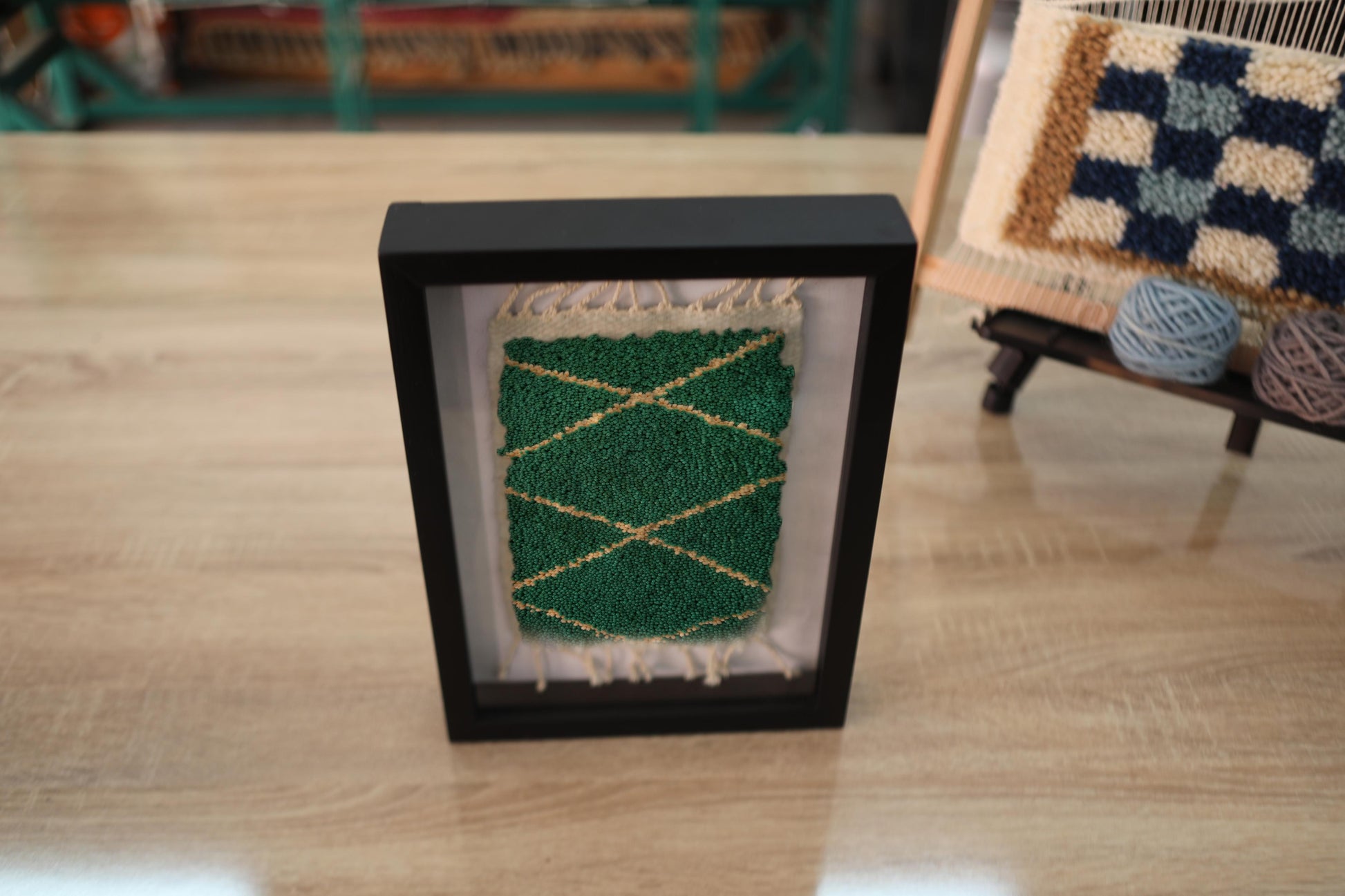 mini moroccan rug, wall art, hand-knotted green rug, trellis pattern, wool art, framed rug, artisan decor, home wall hanging, moroccan wool rug, handmade textile, knot by knot
