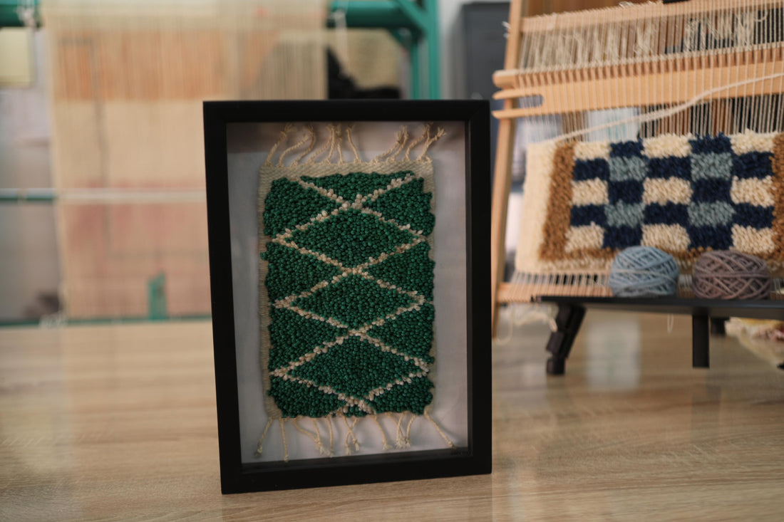 moroccan rug wall art, hand-knotted mini rug, green diamond rug, framed wool wall hanging, small rug decor, artisan knot by knot rug, boho wall art, moroccan textile, 25x31 cm wall decor, handmade rug art
