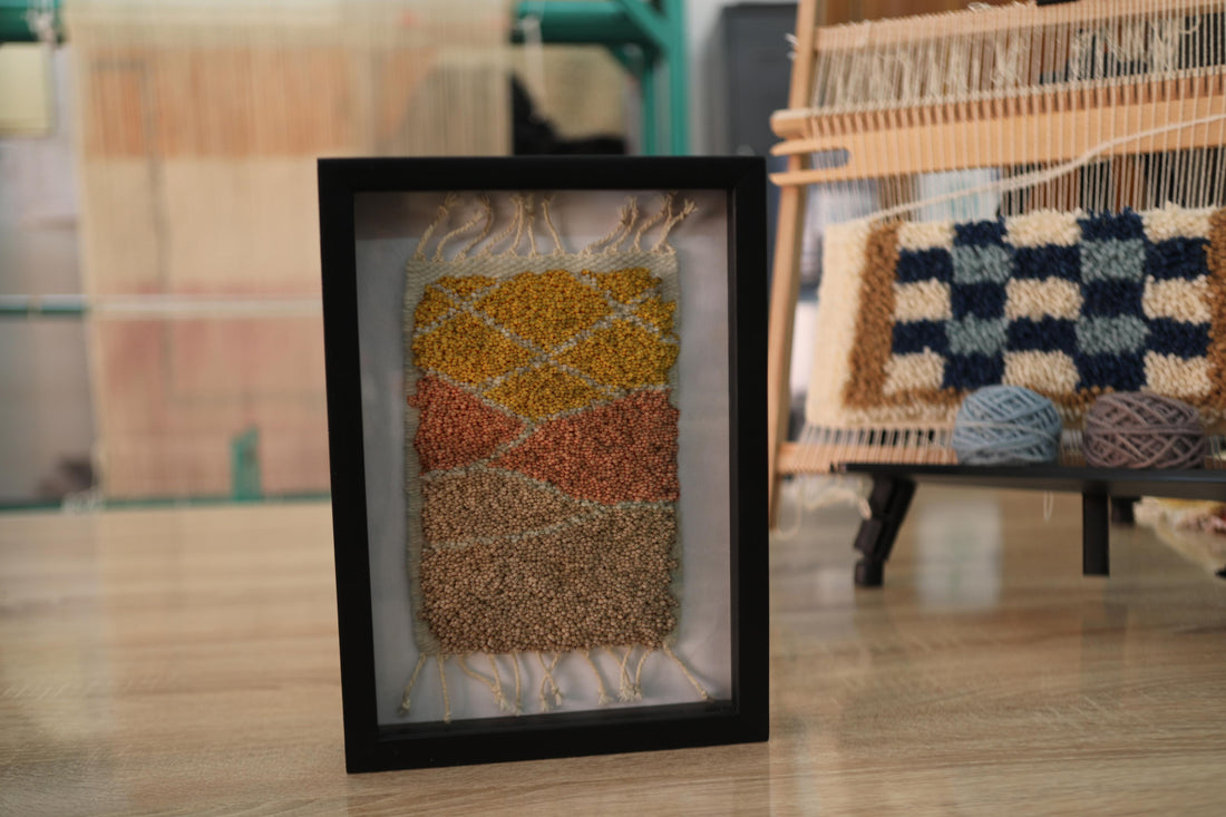 moroccan rug wall art, hand-knotted mini tapestry, framed moroccan wool rug, abstract landscape wall hanging, boho decor, artisan moroccan textile, knot by knot rug, geometric wool artwork, desert colors wall art, 25x31 cm moroccan tapestry