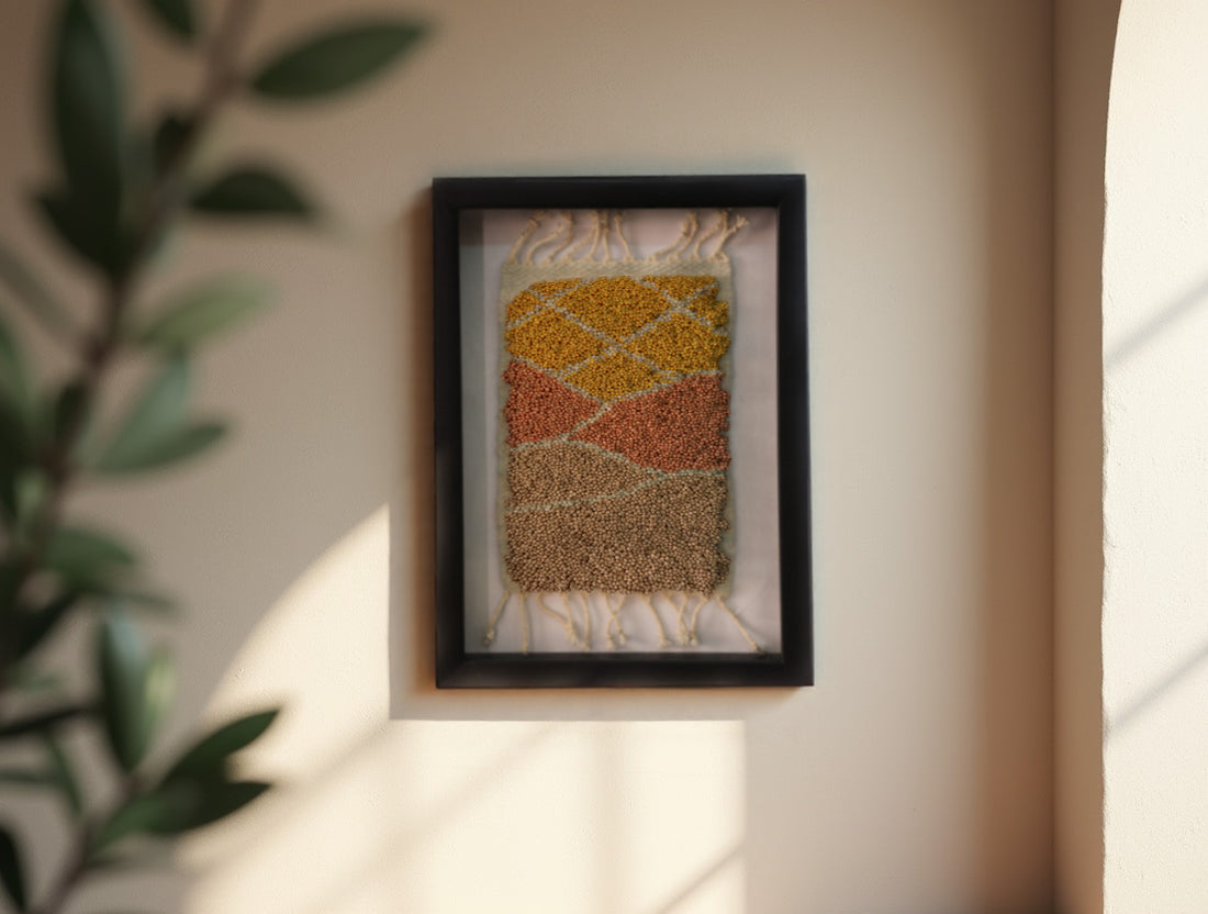 moroccan rug wall art, hand-knotted mini tapestry, framed moroccan wool rug, abstract landscape wall hanging, boho decor, artisan moroccan textile, knot by knot rug, geometric wool artwork, desert colors wall art, 25x31 cm moroccan tapestry