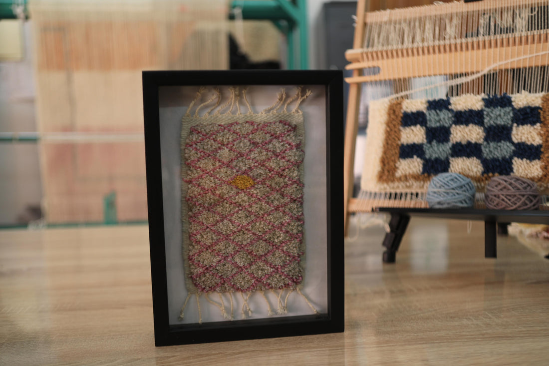 Framed Moroccan Rug Wall Art – Hand-Knotted Diamond Pattern Tapestry (25x31 cm)