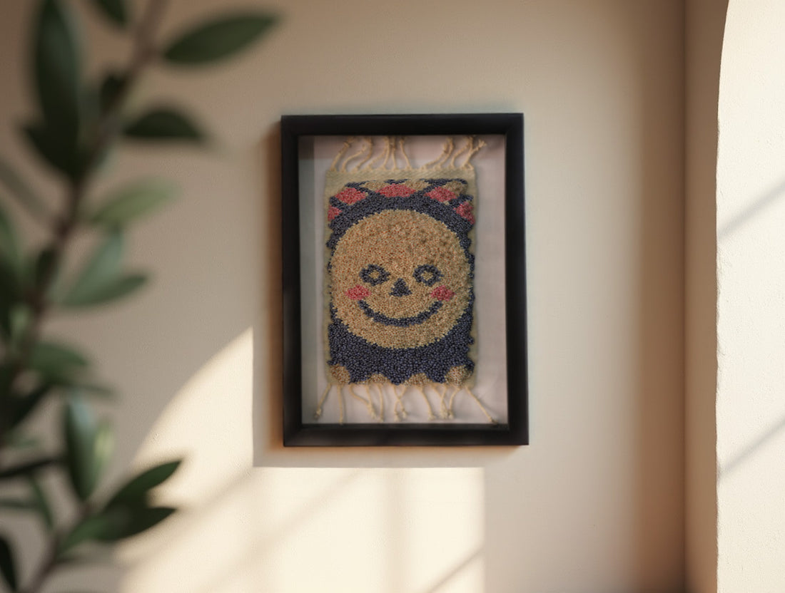 moroccan rug wall art, hand-knotted wool sun rug, smiling face tapestry, happy face decor, boho sun mini rug, framed textile art, handmade wall hanging, wool smiley face rug, knot by knot rug, 25x31 cm
