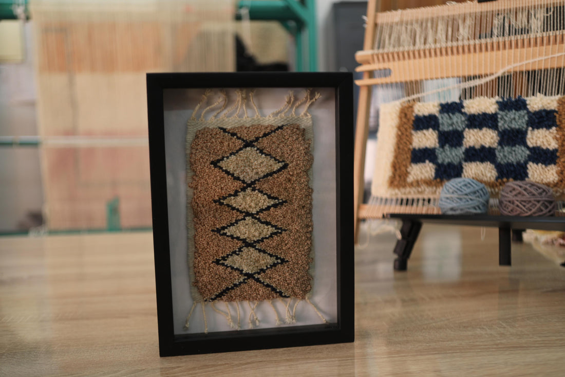 moroccan rug wall art, hand knotted mini rug, framed textile art, diamond pattern wool rug, small moroccan rug decor, knot by knot rug, 25x31 cm framed rug, artisan woven wall hanging
