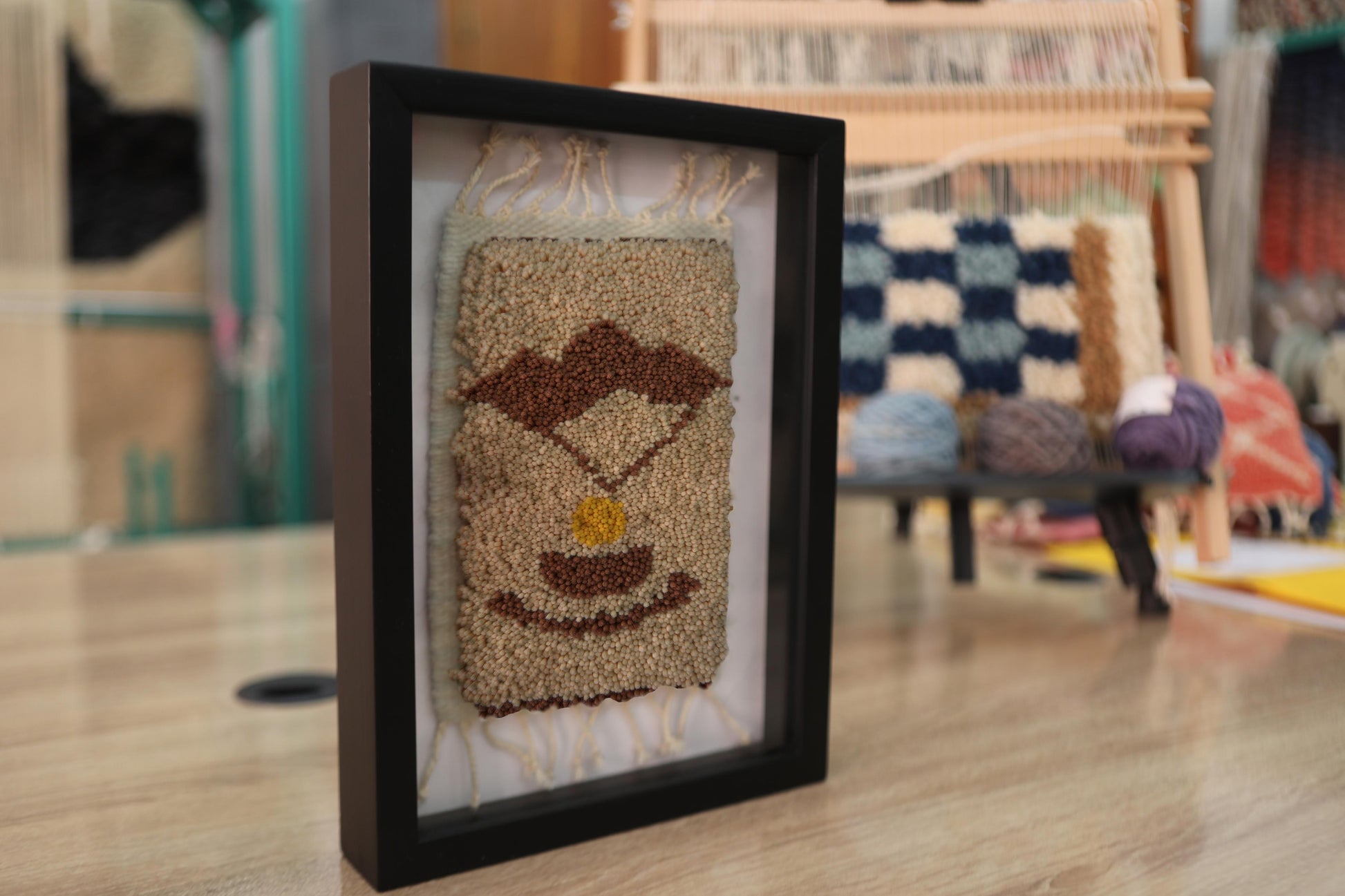 moroccan rug wall art, hand knotted tea design, framed wool teapot art, artisan textile decor, moroccan teacup rug, wool framed wall hanging, traditional moroccan tea rug, knot by knot rug, 25x31 cm
