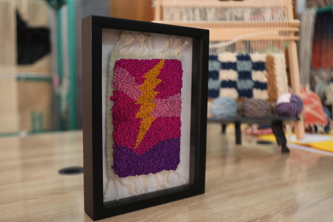 moroccan rug wall art, lightning bolt rug, hand knotted textile decor, pink purple stripe wool art, boho lightning bolt wall hanging, framed fiber art, wool wall decor, 25x31 cm
