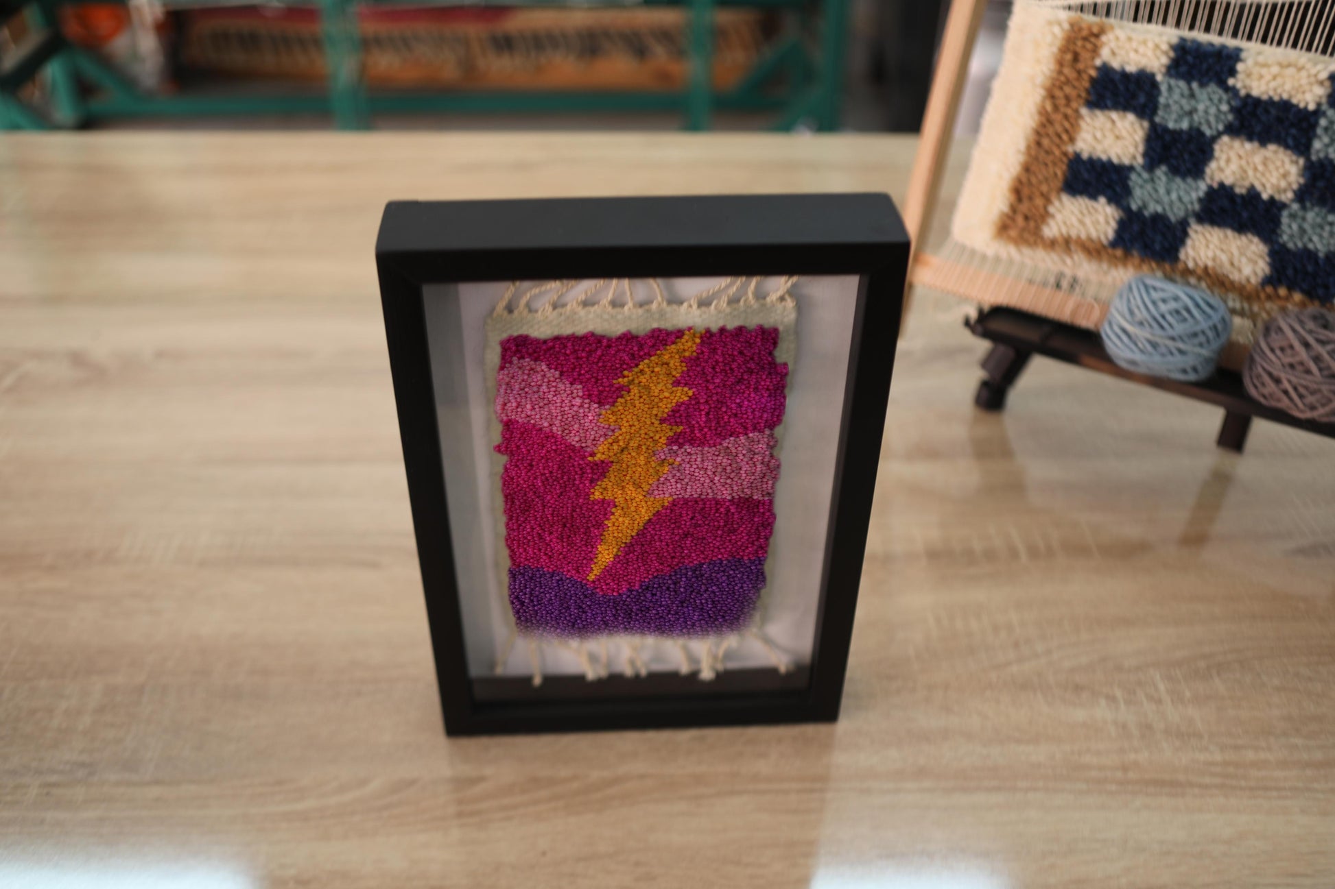 moroccan rug wall art, lightning bolt rug, hand knotted textile decor, pink purple stripe wool art, boho lightning bolt wall hanging, framed fiber art, wool wall decor, 25x31 cm
