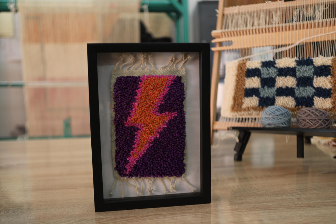 Bold Lightning Bolt Wall Art – Framed Mini Moroccan Rug (25x31 cm, Hand-Knotted Wool)