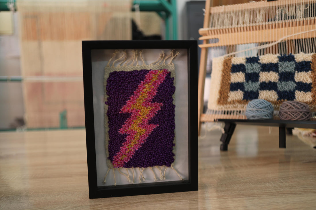 moroccan rug wall art, lightning bolt textile, pink yellow bolt decor, purple hand knotted wool rug, knot by knot weaving, framed mini rug art, bold boho decor, 25x31 cm
