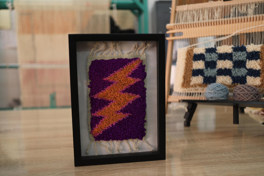 moroccan rug wall art, lightning bolt textile, purple orange wall decor, hand knotted wool rug, framed lightning art, knot by knot rug, boho decor, 25x31 cm
