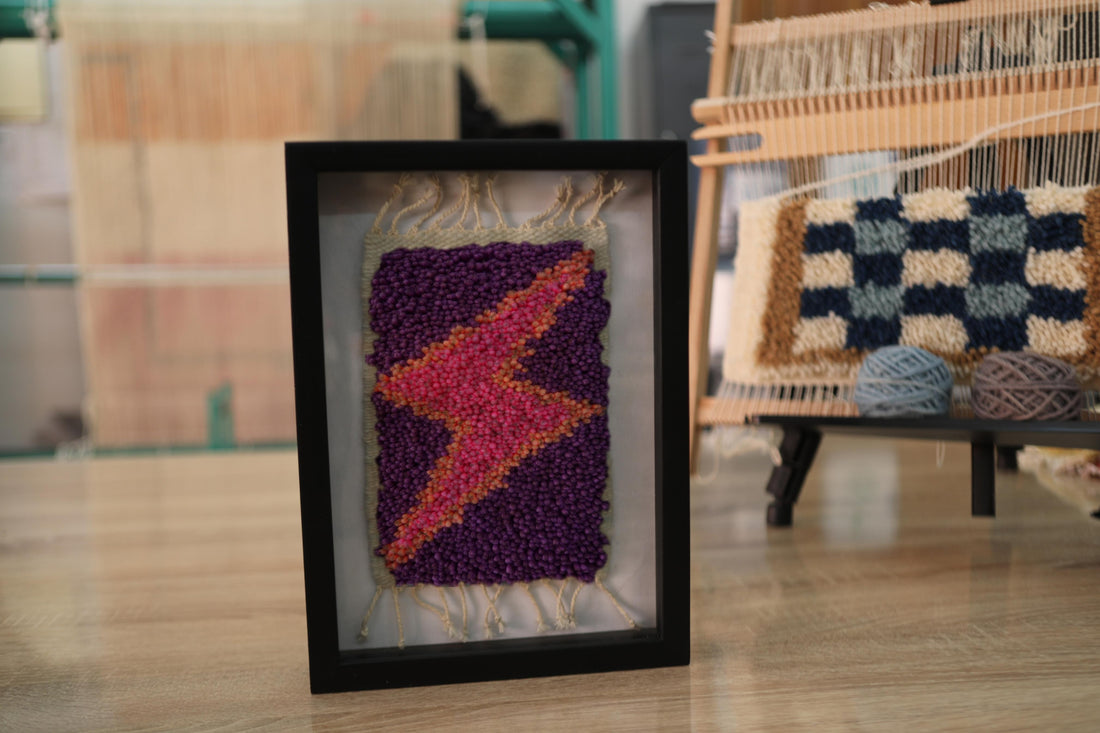 Orange-Pink Lightning Bolt Framed Moroccan Wall Rug – Hand-Knotted Wool Art 25x31 cm