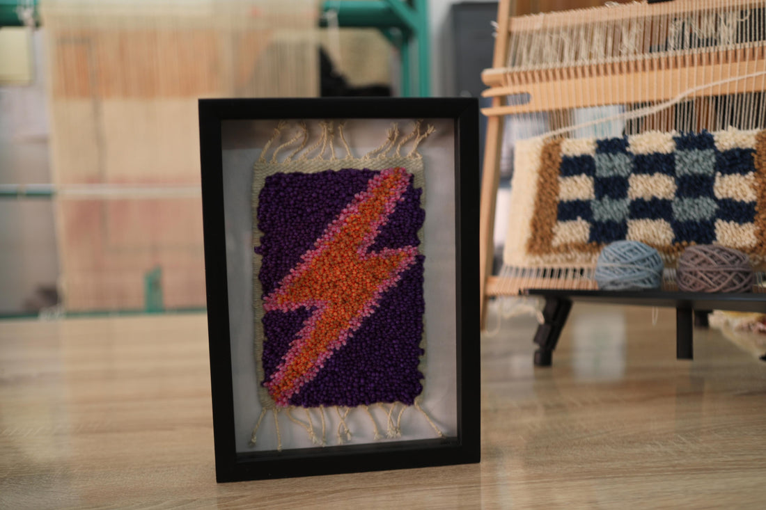 moroccan rug wall art, orange pink lightning bolt textile, framed wool mini rug, hand-knotted lightning decor, purple wool tapestry, lightning wall hanging, knot by knot rug, moroccan handmade tapestry
