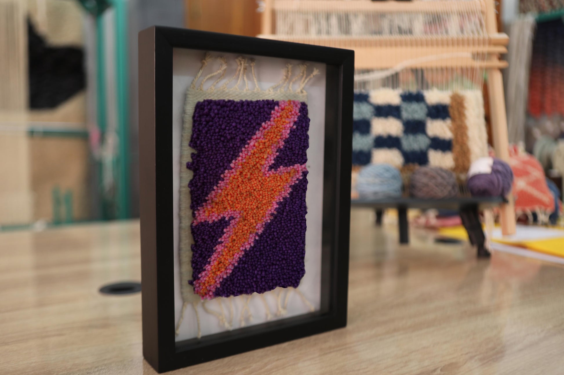 moroccan rug wall art, orange pink lightning bolt textile, framed wool mini rug, hand-knotted lightning decor, purple wool tapestry, lightning wall hanging, knot by knot rug, moroccan handmade tapestry

