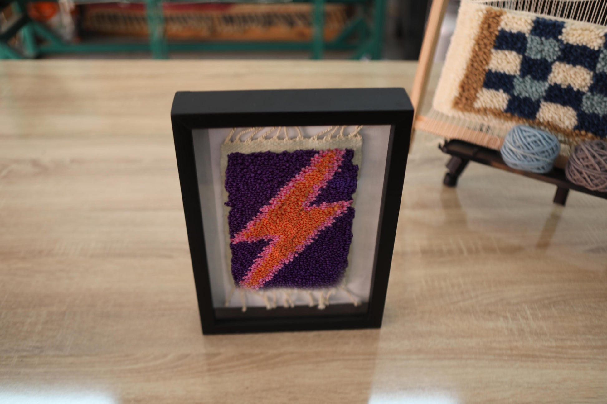 moroccan rug wall art, orange pink lightning bolt textile, framed wool mini rug, hand-knotted lightning decor, purple wool tapestry, lightning wall hanging, knot by knot rug, moroccan handmade tapestry
