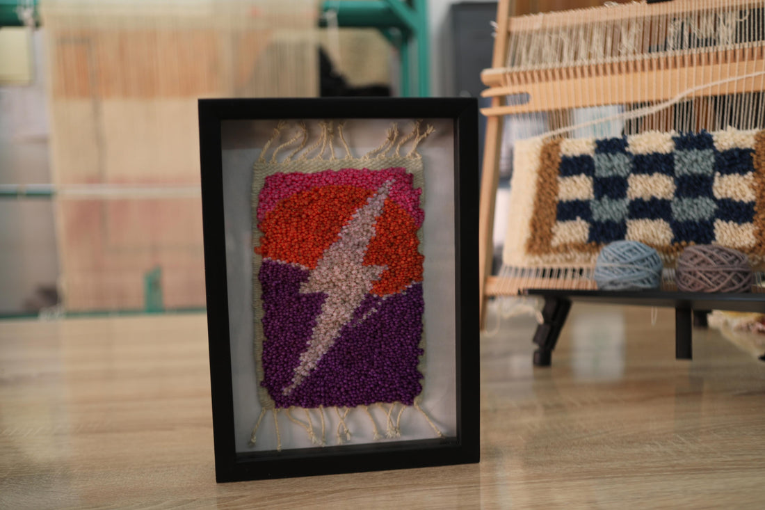 moroccan rug wall art, orange purple textile lightning bolt, hand knotted wool wall hanging, boho rug decor, knot by knot moroccan rug, lightning art framed, 25x31 cm
