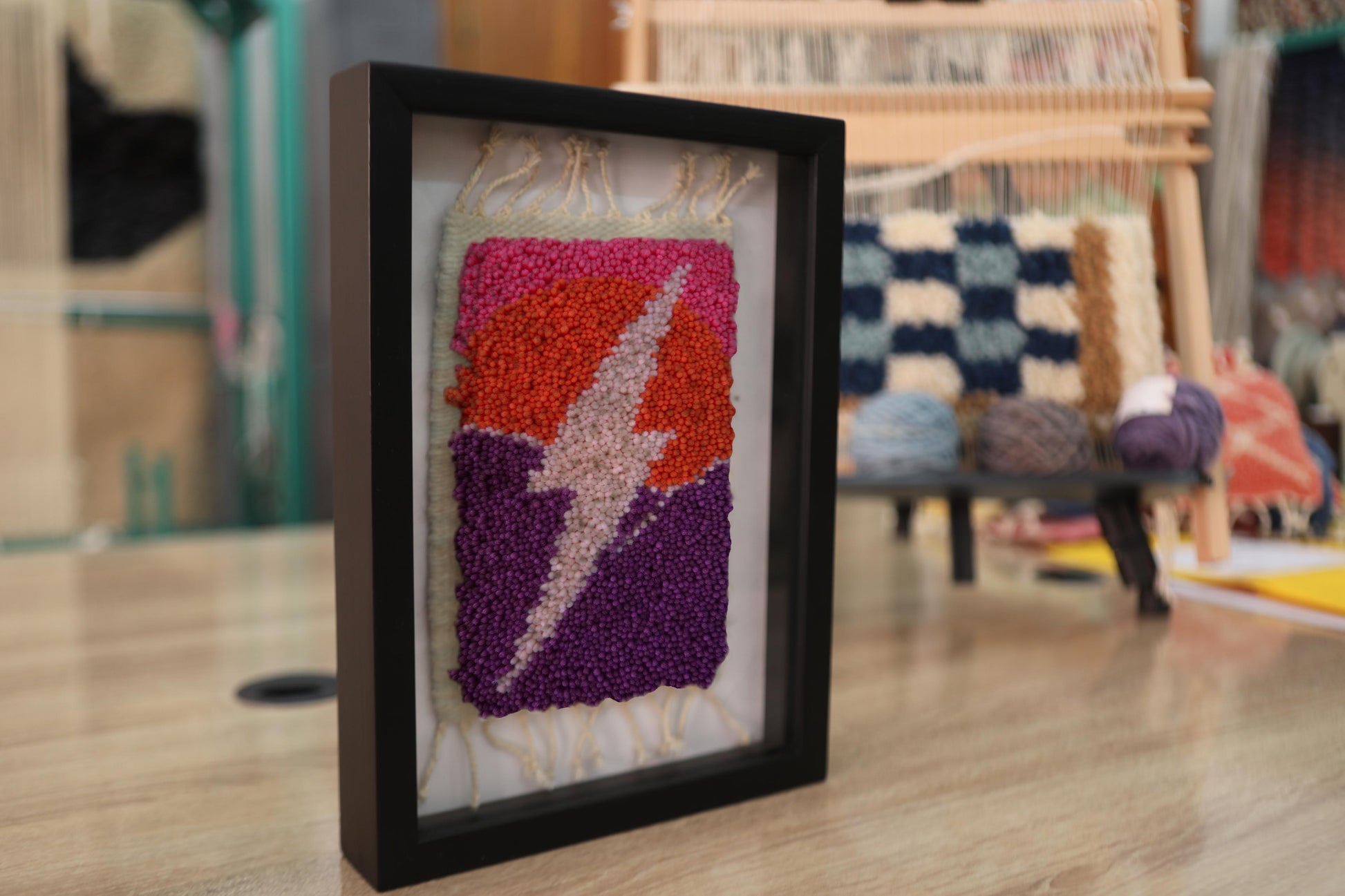 moroccan rug wall art, orange purple textile lightning bolt, hand knotted wool wall hanging, boho rug decor, knot by knot moroccan rug, lightning art framed, 25x31 cm