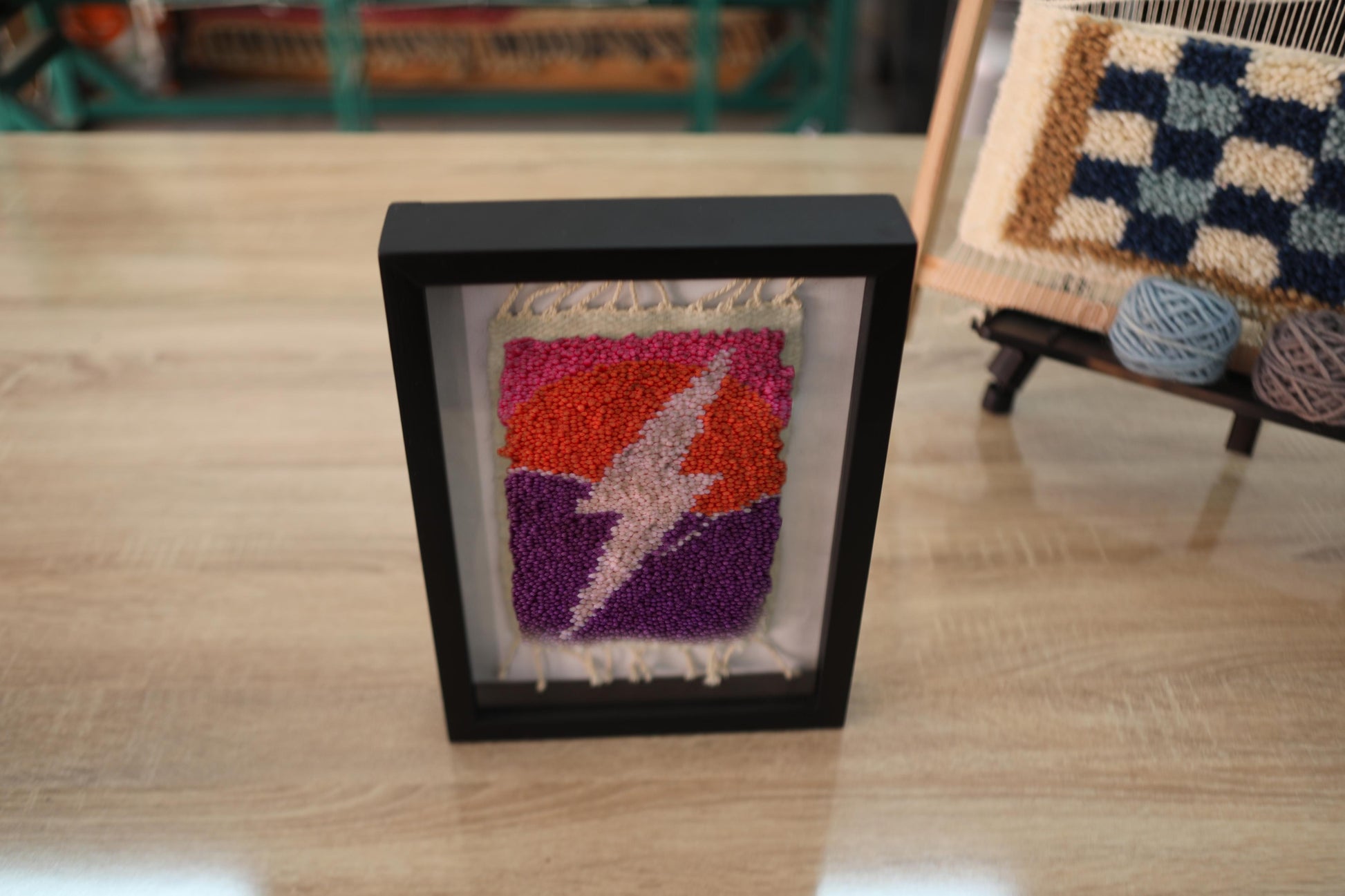moroccan rug wall art, orange purple textile lightning bolt, hand knotted wool wall hanging, boho rug decor, knot by knot moroccan rug, lightning art framed, 25x31 cm