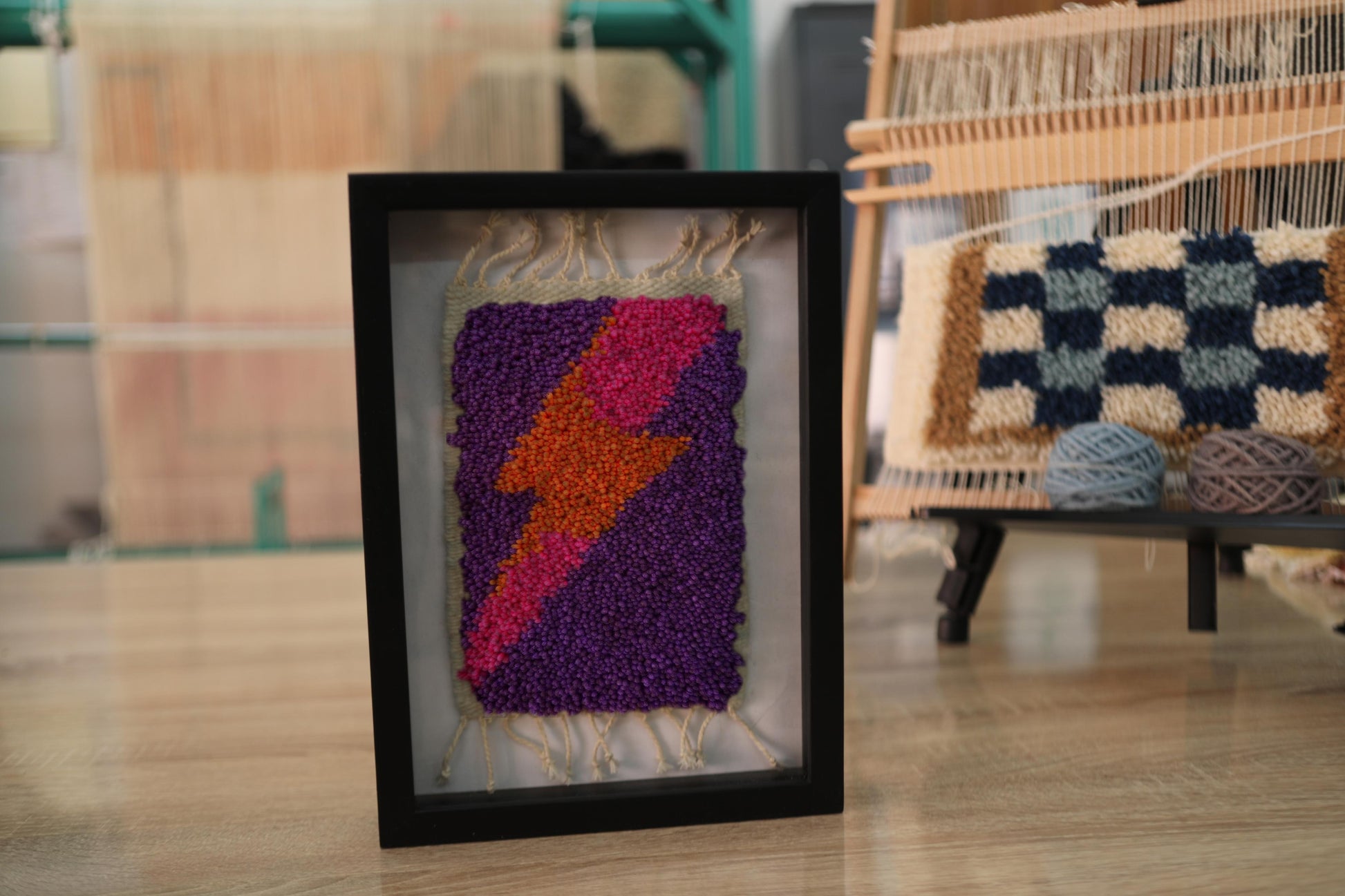 moroccan rug wall art, pink lightning bolt rug, hand knotted wool mini rug, framed textile decor, purple moroccan weaving, modern boho wall hanging, handmade moroccan rug, 25x31 cm
